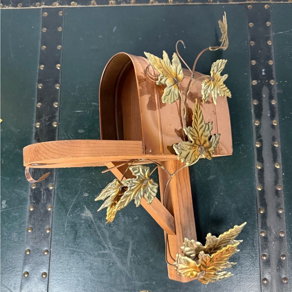 Vintage Copper & Gold Tone & Wood Mailbox Fall Autumn Hanging 14 Inch Wall Decor
